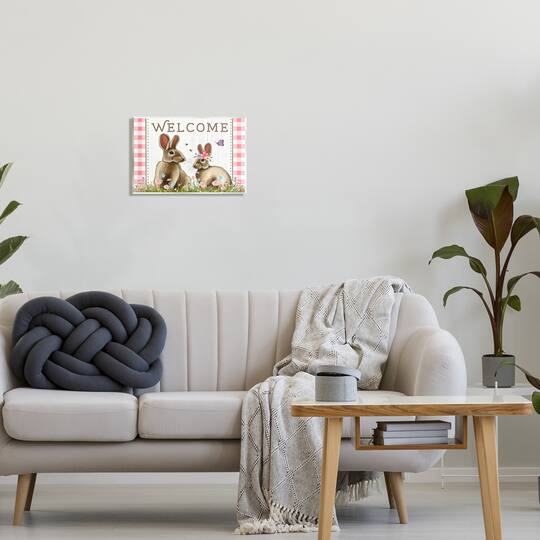 Stupell Industries Welcome Plaid Spring Garden Rabbits Wall Plaque Art